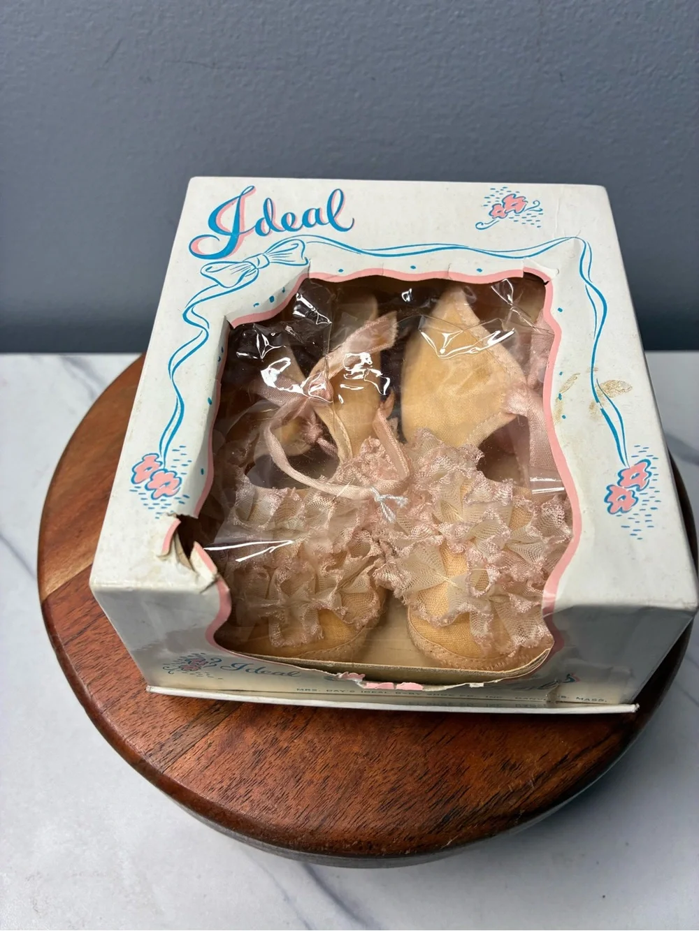 Vintage Ideal Baby Crib Shoes Pink Ruffle Satin Original Box Size 2